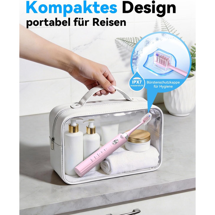 Електрична звукова зубна щітка JTF з УФ-дезінфекцією та сушінням, бездротова зарядка, 5 режимів чищення, 6 насадок, стаканчик, акумуляторна для дому та подорожей (Рожева)