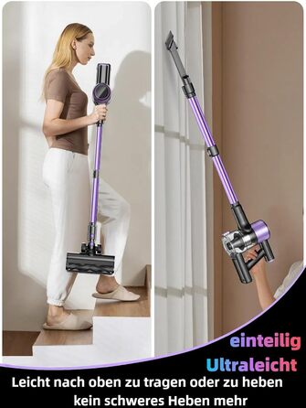 Бездротовий акумуляторний пилосос 45000 Па/500 Вт/45 хв з LED-дисплеєм та щіткою проти намотування, висувний шланг 73 см для твердих поверхонь, килимів, шерсті тварин, фіолетовий