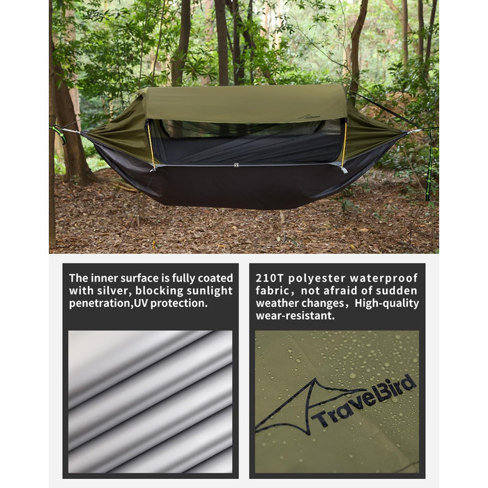 Гамак для кемпінгу 4-в-1 з москітною сіткою та знімним сонцезахистом, 290x140 см, армійний зелений