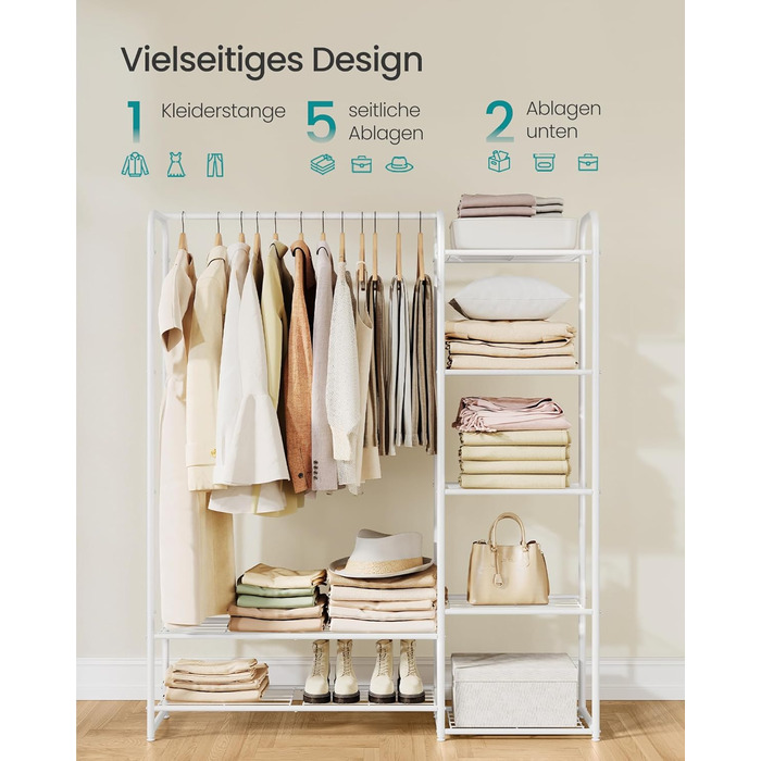 SONGMICS Взуттєва шафа, відкритий гардероб, вішалка для одягу, металева шафа для взуття з полицями, самостійна, 29 x 112 x 158,4 см, матовий білий LGR462W01 112B cm Mattweiß