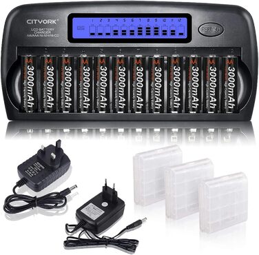 Зарядний пристрій CITYORK 12 Bay LCD з інтелектуальним захистом IC для AA/AAA NI-MH/NI-аккумуляторів, з адаптером та комплектом AA-аккумуляторів
