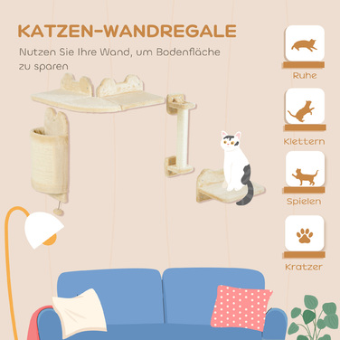 PawHut Cat Climbing Wall Set, 4-Piece Cat Furniture with Sitting Platform, Corner Platform, Play Ball, and Arch Scratching Board, for Cats up to 5 kg, Plush, Beige | Aosom