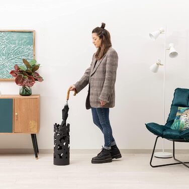 Baroni Home Modern Metal Umbrella Stand Flowers with 2 Hooks and Removable Drip Tray 19 x 19 x 49 cm (black)