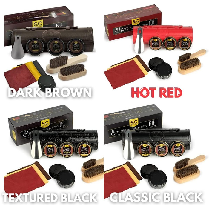 Stone & Clark 12-Piece Shoe Cream & Leather Care Set with Brown Wax, Shoe Brushes for Polishing, Compact Shoe Shine Kit with Horsehair Brushes & PU (Case: Hot Red)
