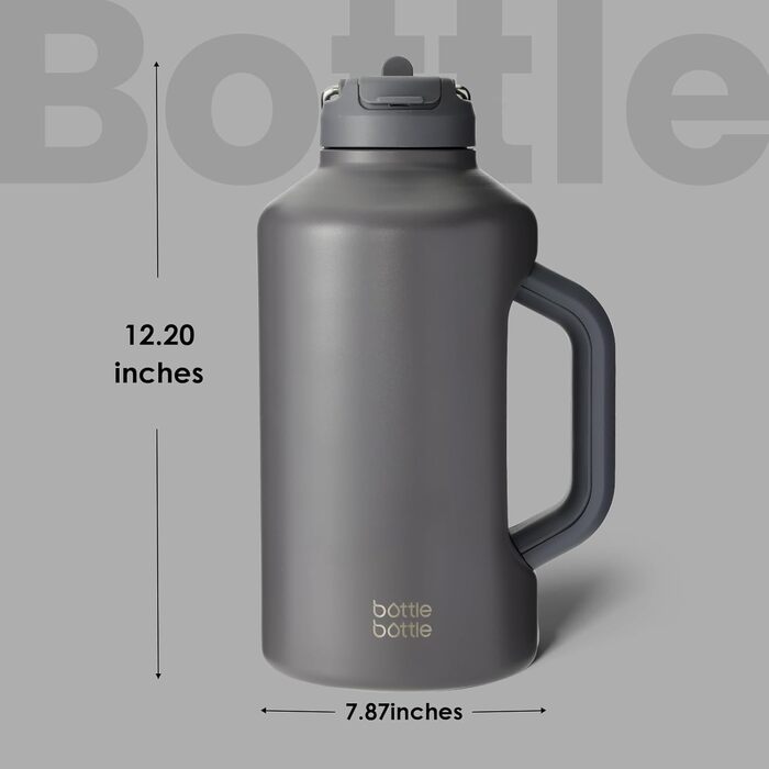 BOTTLE BOTTLE Insulated Water Bottle with Straw and Double Lid, Stainless Steel Sports Water Bottle for Men, with Handle, Vacuum Stainless Steel, for Workout and Sports, 1.8L (Gray)