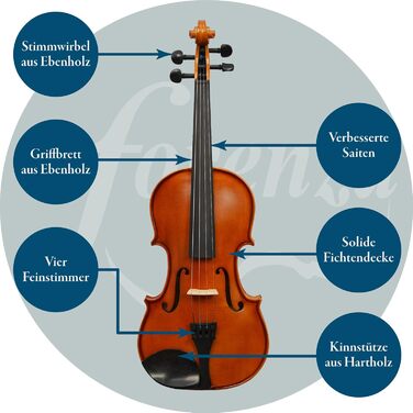 Скрипка Forenza Prima 2 4/4 - повний набір з ебонієвими накладками, кілочками, легким струною, дерев'яним луком, Розінг та сталевими пряжками. Повнорозмірна скрипка.