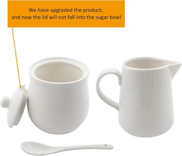 Cream-colored ceramic set for cream and sugar, coffee service, sugar bowl with lid and spoon, cream pitcher, creamer