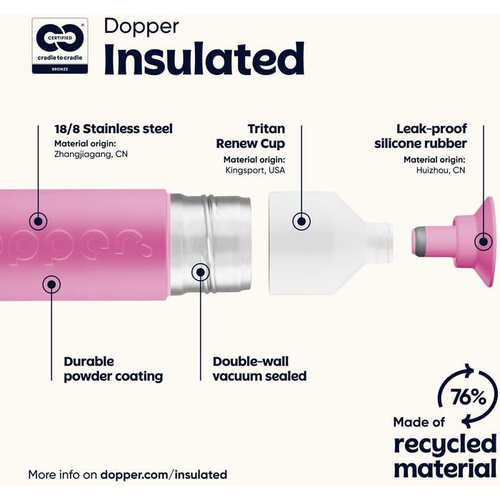 Dopper 580ml Insulated Stainless Steel Water Bottle - Leakproof, Keeps Drinks Cold for 24h / Hot for 9h - Thermos, Coffee Mug, Tea Bottle - Pelican Pink