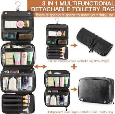 Чоловіча косметичка Elviros з PU-шкіри, 3 в 1, велика, водонепроникна, для подорожей, чорна