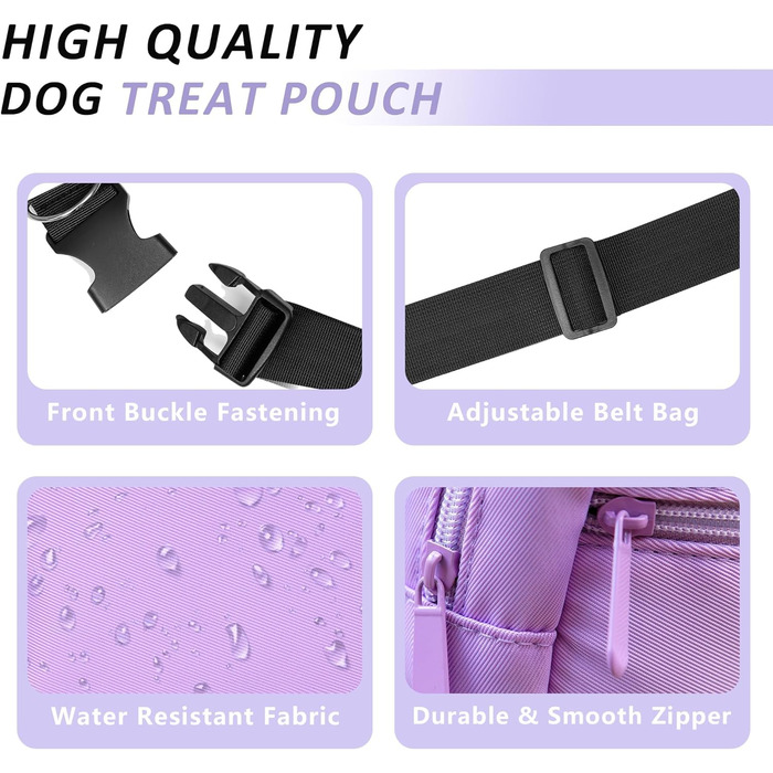 Сумка для собак з карабіном, сумка для тренування цуценят з відділенням для ласощів та контейнером для відходів, сумка для перенесення кормів для тварин з регульованим поясом (фіолетовий)