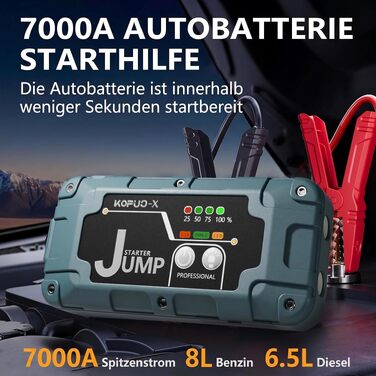 Бустер для автомобіля 7000А Jump Starter Powerbank 12V для бензинових (8л) та дизельних (6.5л) двигунів, пусковий пристрій з LED-ліхтарем та набором аксесуарів, зелений