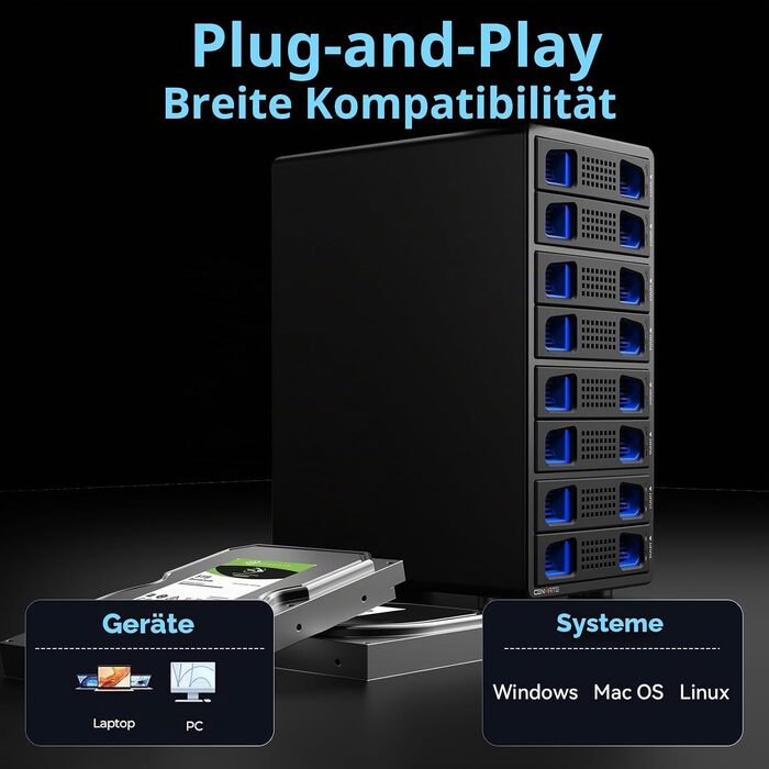 Зовнішній корпус для HDD/SSD CENMATE 808TC, 2 слоти 2.5/3.5 SATA, 10Gbps, USB 3.2 Type-A/C, з охолодженням та Hot Swap