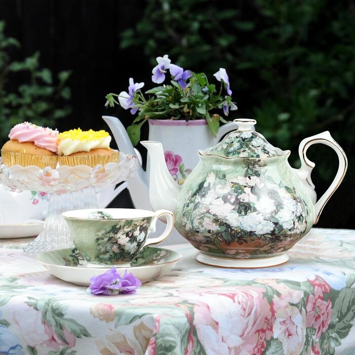 Порцелянова чайник з кістяної порцеляни 1 л Vintage Floral, біла троянда, для чаю та кави, подарунок для чайної вечірки