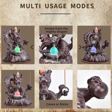 Dragon Backflow Incense Burner, Backflow Incense Holder with 20 Backflow Incense Cones, Home Decor, Ceramic Incense Burner Holder in Exquisite Present Box (Dragon with Bead)