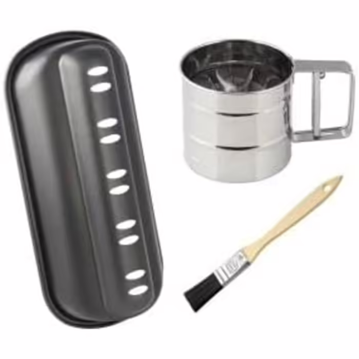 Zenker Back-Set Christstollen, Stollen shape with non-stick coating, stainless steel flour and powdered sugar sieve & baking brush with Teflon bristles, quantity: 1 x 3-piece set