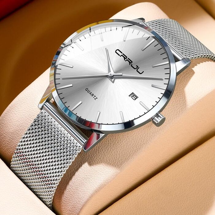 Чоловічий годинник CRRJU ультратонкий водонепроникний з чорним міланським браслетом з нержавіючої сталі, аналоговий кварцовий годинник для бізнесу, чоловічі годинники (сріблястого кольору)