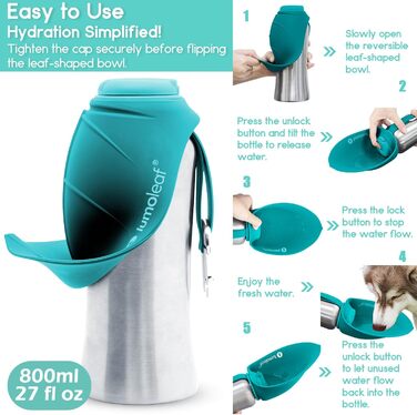 LumoLeaf Stainless Steel Dog Water Bottle - 800ml Portable Pet Water Dispenser for Travel, Hiking & Camping (Blue)