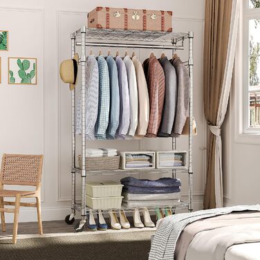 Міцний мобільний вішак для одягу з 3 рівнями, регульовані полиці, 2 штанги та гачки - 40x75x189.3 см (хром)