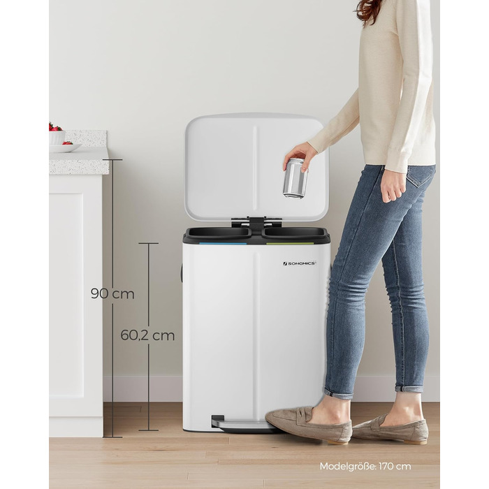 SONGMICS Відро для сміття 40 л з 2 відсіками (2 x 20 л), з педаллю, з металу, з пластиковим внутрішнім відром, з кришкою та ручками, Softclose, герметичне, біле LTB40WT