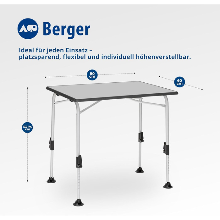 Стіл кемпінговий розкладний BERGER Ivalo 2, 80x60 см, алюмінієвий, регульована висота, для саду, балкону, тераси
