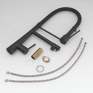 LED кухонний змішувач з спіральною пружиною, 360° обертання, 2 виходи, висувний, для кухні, з душем, високий тиск, матовий нікель, чорний (56.8 см)