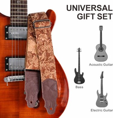 Гітарний ремінь з натуральної шкіри (2 дюйми) для акустичної, бас та електрогітари. Регулюється від 96 до 163 см. М'яка обробка деревини, коричнева квітка.