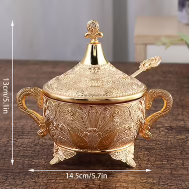 Candy jar, sugar bowl with lid and spoon, spice jar made of carved iron glass, metal spice pot - silver - 13x14.5cm
