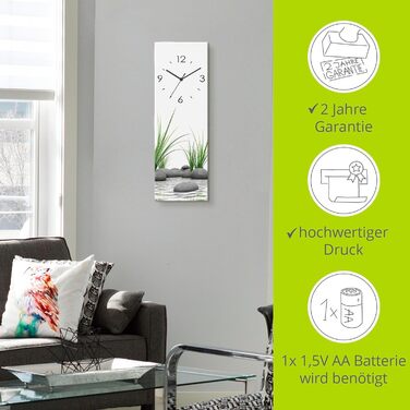 ARTLAND Wall Decoration Wall Clock No Ticking Sounds Glass Radio Clock 20x60 cm Rectangular Silent Natural Design Zen Spa Stones Asian Modern T6CD