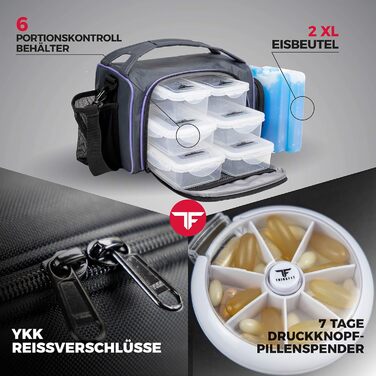 Ізотермічна ланчбокс-сумка з 6 контейнерами для їжі, BPA-free, для мікрохвильовки й заморозки, з шейкером, органайзером для пігулок, плечовим ременем та акумуляторами холоду, лілова