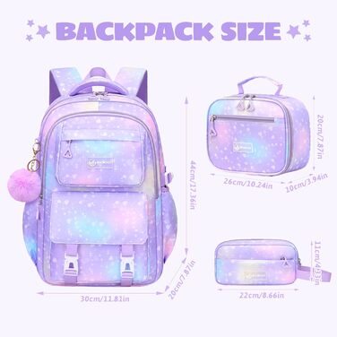 Шкільний рюкзак для дівчинки-підлітка 3 в 1, 2025, з ланч-боксом та пеналом, для ноутбука 15.6', гімназія, старша школа, подорожі - фіолетовий