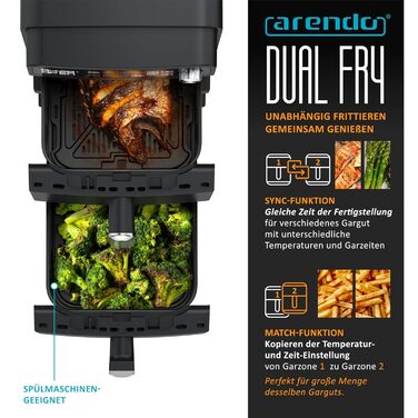 Фритюрниця Arendo з гарячим повітрям XXL Dual Zone, 11 літрів, 2400 Вт, 2 зони, 3в1, 8 сенсорів, без PFAS BPA, 2 решітки, 3D циркуляція повітря, подвійний рівень, тип 1