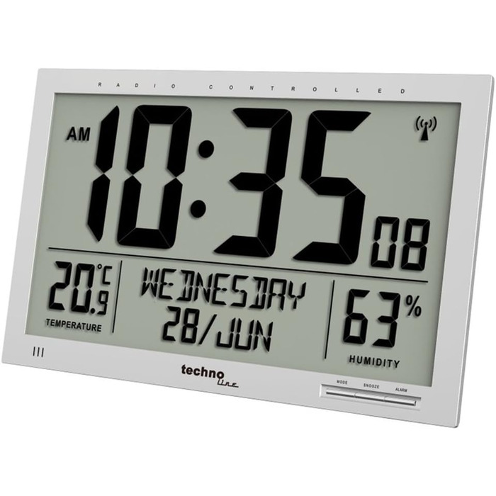 Technoline WS 8013 - digital, modern designer XL radio wall clock, slim frame, temperature display, JUMBO LCD display, 37 cm x 27 cm, silver