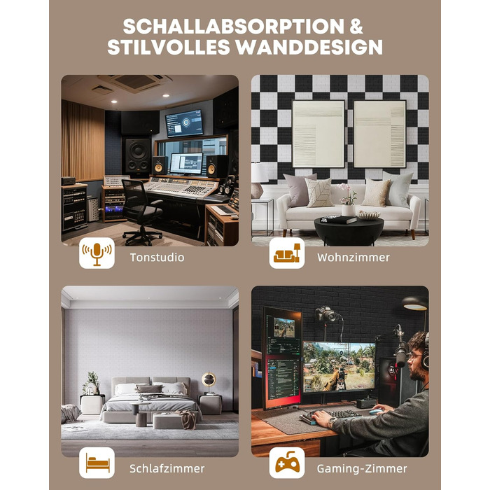 Акустичні панелі Jamelo самоклеючі 3D цегла, 30x30x0,9 см, 12 шт. — звукопоглинаючі панелі для стін у студію, спальню та офіс (Білий)