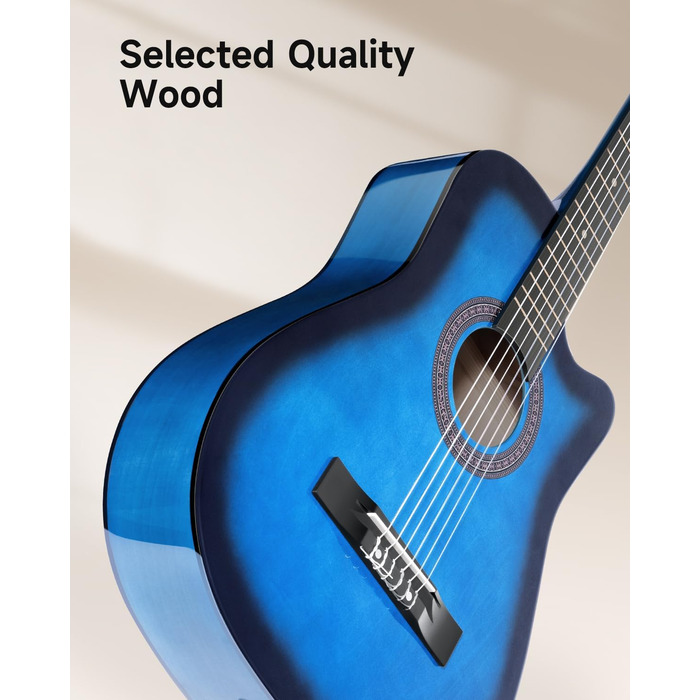 Акустична гітара Moukey для початківців, дітей, підлітків та дорослих, 38 дюймів, блакитна. Комплект з чохлом, тюнером, медіатором, каподастром та нейлоновими струнами