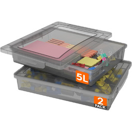 Lifewit 5L Storage Box with Lid, Plastic Box with Clip Closures, Document Box A Organizer, Multi-purpose Boxes for Crafts, Paper, Art Supplies, Building Blocks, Tools (Gray, 2)