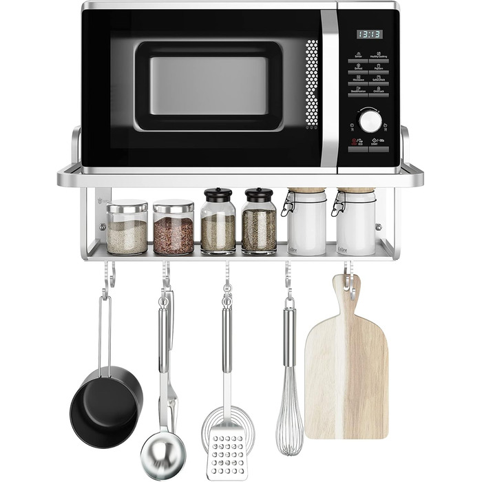 K-101 2-Layer Silver Aluminum Alloy Microwave Rack Oven Stand Kitchen Shelf Holder Wall Mount, Hanging with 10 Hooks