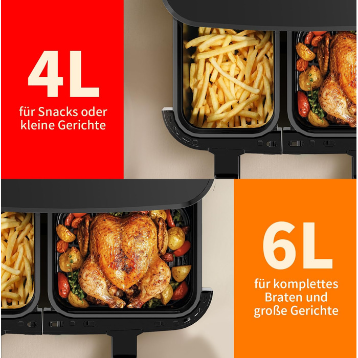 Фритюрниця TOKIT з подвійним зондом, 2800 Вт, 10 л, 12 програм, з вікном, без олії, 2 ящики, LED-touchscreen, 90% менше жиру