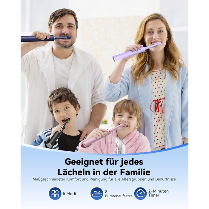 Електрична звукова зубна щітка JTF для дорослих, 5 режимів, 45 днів автономії, 8 насадок, IPX7 водонепроникна, з таймером, рожева - преміум набір для сім'ї