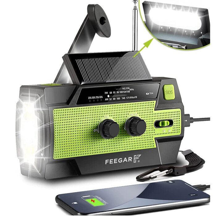 Радіо сонячне аварійне Feegar Oze 2 Pro з ручним заводом, AM/FM, ліхтарик LED, SOS, Powerbank 4000mAh