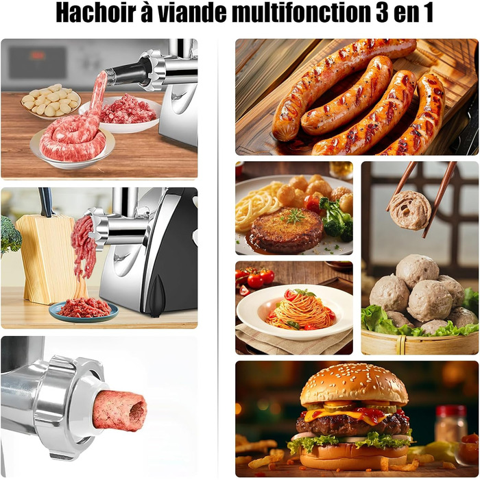Electric Meat Grinder 2800W 3-in-1 Stainless Steel Meat Grinder with 3 Plates (3mm, 5mm, 7mm), Kubbe Attachment & Sausage Stuffer, 80kg/hr - Black