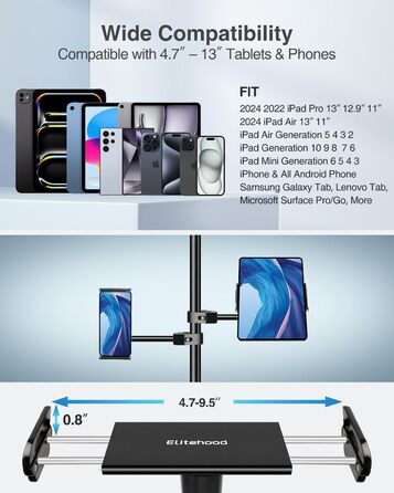 Алюмінієва підставка для iPad з мікрофонним кріпленням Elitehood, чорна