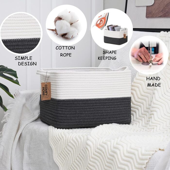 Woven cotton rope basket with handles for shelves, toys, books, fabric storage baskets for organizing, 34 x 28 x 24 cm, decorative storage basket for living room, bathroom