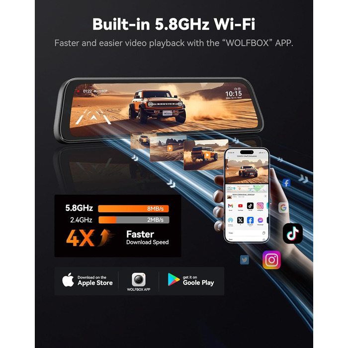 WOLFBOX Dashcam G840S 4K: Дзеркало-відеореєстратор з камерою заднього виду, WiFi, IPS-екран, GPS, 32GB, G-сенсор, Park Mode