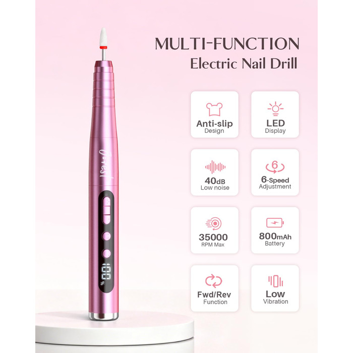 Електрична фрезерна машинка JOREST 13-в-1 бездротова, 35 000 об/хв, 6 режимів - набір для манікюру для гелевих та акрилових нігтів, догляд за нігтями для початківців, рожевий колір