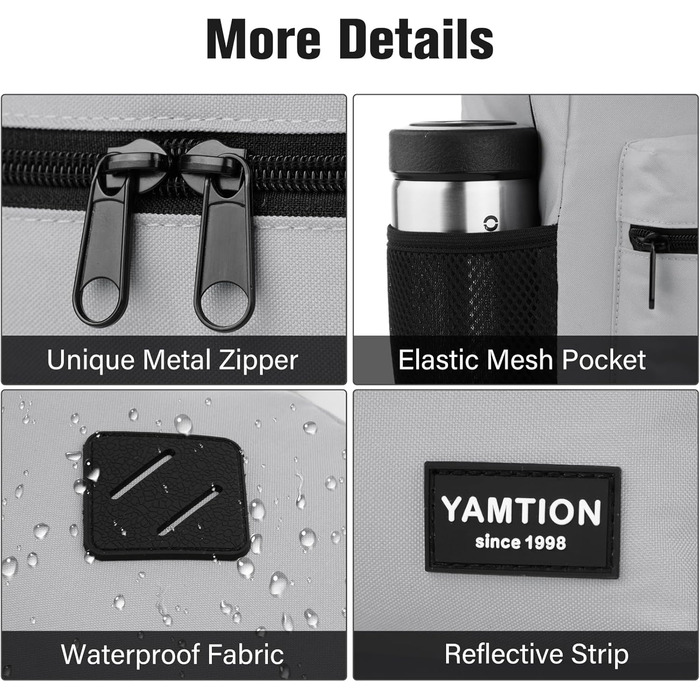 Рюкзак YAMTION 17.3 дюйми (44 см) для чоловіків та жінок, шкільний/університетський, з USB-портом для зарядки, сірий