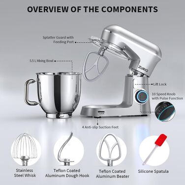 Stand Mixer 1300W Zurio 5.5L Stand Mixer/Kneader 10-Speed Robot Kneader with Quiet Dough Function, with Accessories Dough Hook, Whisk, Kneader Silver