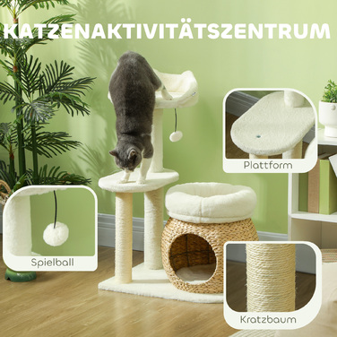 PawHut Драбина для котів з будиночком, ігральними кульками та платформами, вкрита сизалевим та соломовим волокном, до 10 кг, 60 x 40 x 79 см, кремово-білий