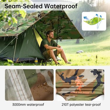 FREE SOLDIER Camo Tarp - 3m x 3.2m Waterproof Shelter - Ultralight Tent Footprint, UV Protection, Camping Sun Shade