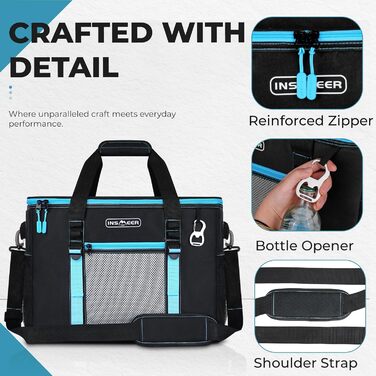 INSMEER Кулер для їжі та напоїв 50 л, великий, складний, для 80 банок, витримує витоки, з відкривачем, для пікніків, кемпінгу, пляжу, сімейних поїздок на 4 особи, чорний