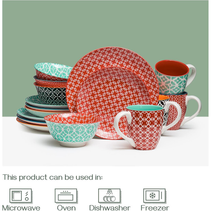 Набір посуду DOWAN: 16-ти частинний набір керамічного посуду з квітковим візерунком (тарілки, супові миски, десертні тарілки)